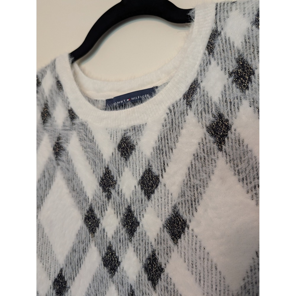 Tommy Hilfiger Womens Fuzzy Eyelash Knit Argyle Sweater Vest M White Metallic - Picture 4 of 8
